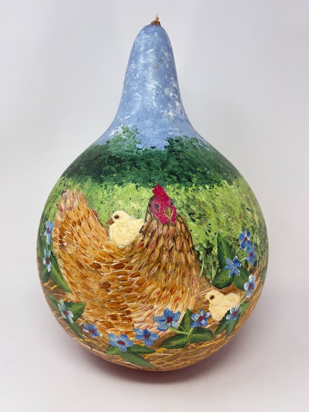 Large Hand Painted Gourd Country Chicken & Chicks & Flowers Farmhouse Decor Art